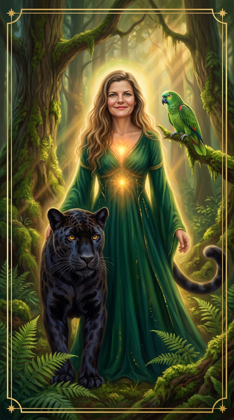 Sacred portrait with a black jaguar and an Amazon parrot
