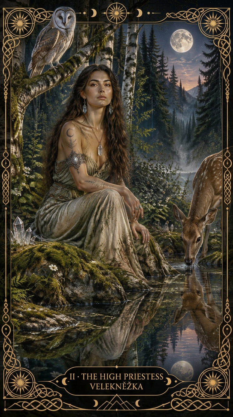 The High Priestess — a seer by a forest spring with owl and doe