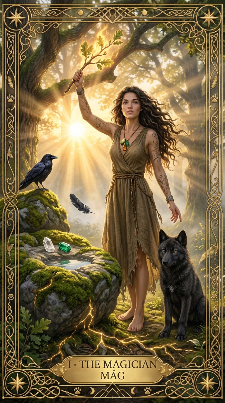 The Magician — a seer with raven and wolf in an oak grove