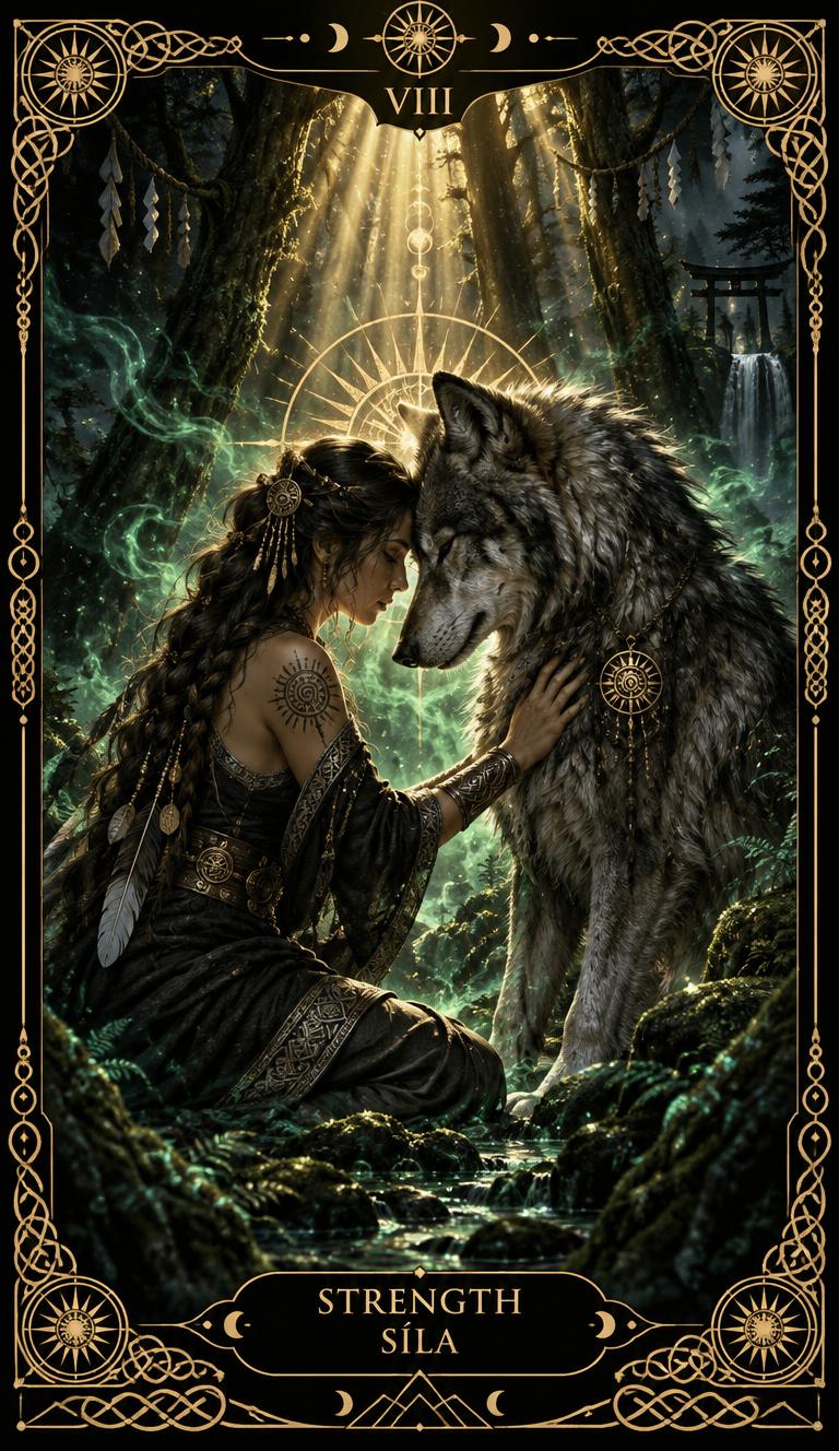 The Strength card — woman and wolf in an emerald forest