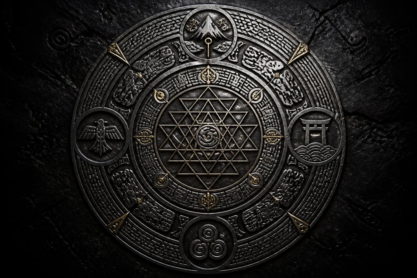 Carved ancestral stone mandala with South American, Japanese and Celtic symbols