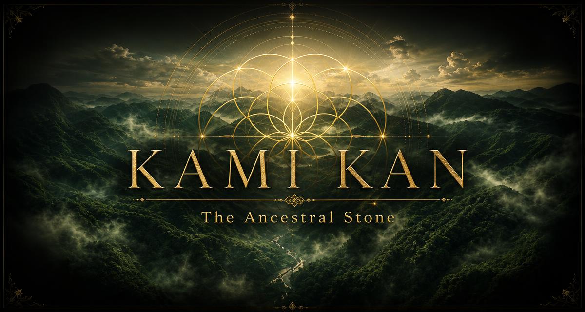 Kami Kan — The Ancestral Stone: emerald mountains with golden sacred geometry